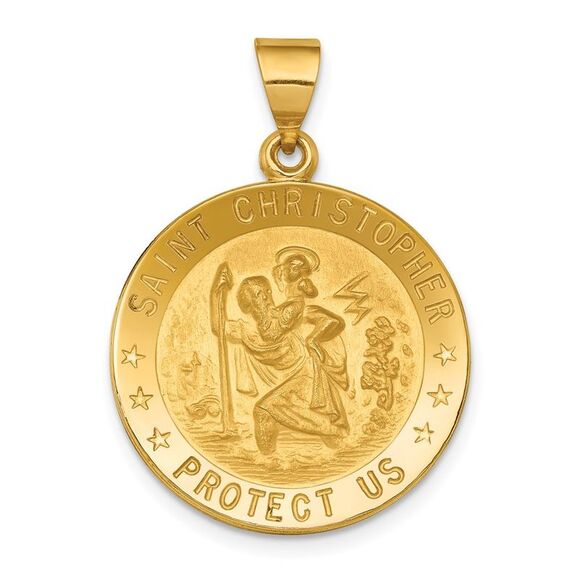18k Yellow Gold Round St Christopher Medal Pendant 21mm (13/16 Inch)
